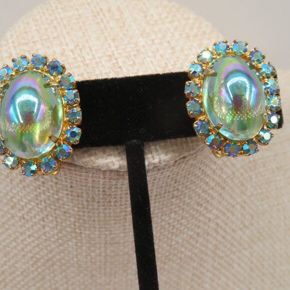 Vintage Clip-on AB Rhinestone Earrings Gold Tone - Picture 5 of 8